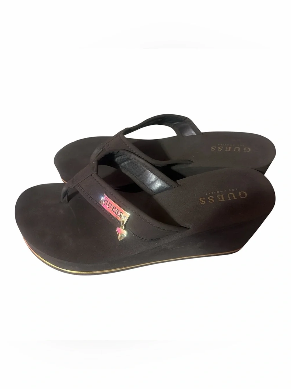 GUESS Dark Brown Wedge Flip Flops with Gold Logo Charm